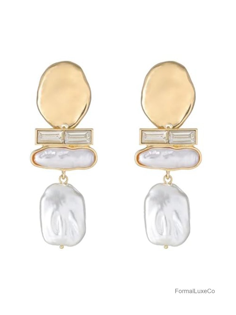 Statement Pearl Dangle Earrings, Gold Plated, Faux Glass Pearl Chandelier